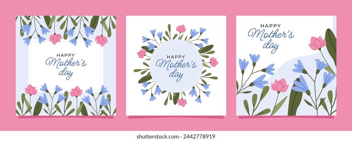 Feliz Día de la Madre. Conjunto de tarjetas de colores con flores y hojas. Plantillas de diseño para postal, banner, póster. Ilustraciones vectoriales planas.