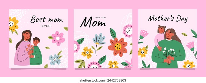 Happy Mothers Day. Set of cute and colorful vector illustrations. Mother, son and daughter and flowers. Mothers Day celebration. Design templates for postcard, banner, poster.