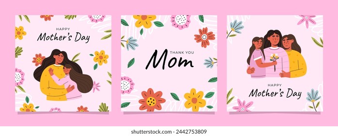 Happy Mothers Day. Set of cute and colorful vector illustrations. Children and their mother and flowers for Mothers Day celebration. Design templates for postcard, banner, poster.