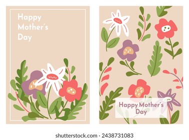 Happy Mother's day. Set of floral cards or posters with doodle flower and leaves