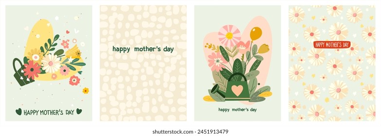 Happy Mother's Day. Set of four vector cute card illustrations of flowers, hearts, graphic elements and lettering with a wish for a greeting card, banner, poster or advertisement