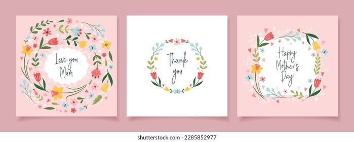 Happy Mother's Day. Set of greeting cards with flowers and handwritten lettering. Beautiful floral background. Vector template for banner, invitation, social media.