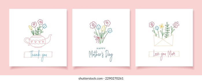 Happy Mother's Day. Set of greeting cards with colorful cute flowers on white background. Line art. Stylized lineart flat vector illustration.