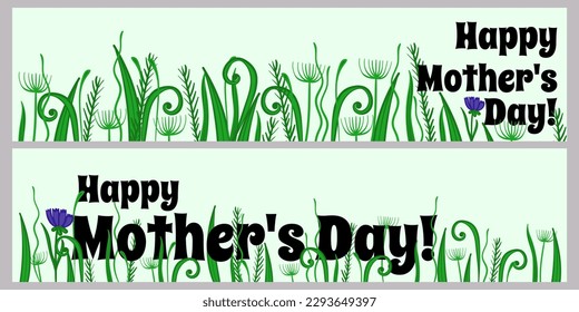 Happy mother's day set of horizontal banners, postcards for the holiday with simple plants in doodle style vector illustration