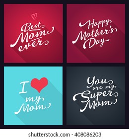 Happy mothers day. Set of lettering typography.  Long shadow signs. 