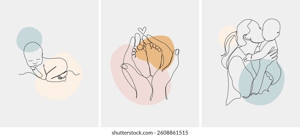 Happy Mother's Day. Set of minimalistic modern line art. Vector abstract illustration of mother and baby, hand, frame, border for greeting card, poster or flyer.
