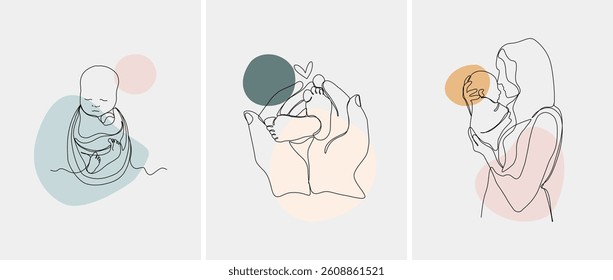 Happy Mother's Day. Set of minimalistic modern line art. Vector abstract illustration of mother and baby, hand, frame, border for greeting card, poster or flyer.