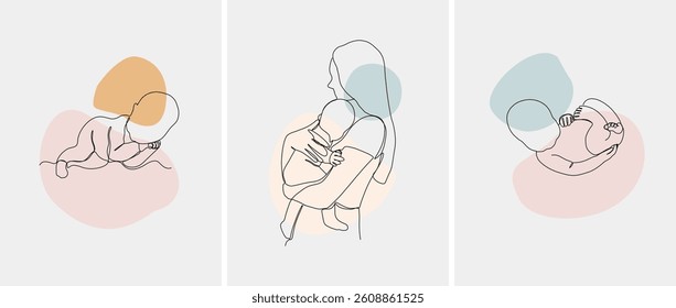 Happy Mother's Day. Set of minimalistic modern line art. Vector abstract illustration of mother and baby, hand, frame, border for greeting card, poster or flyer.