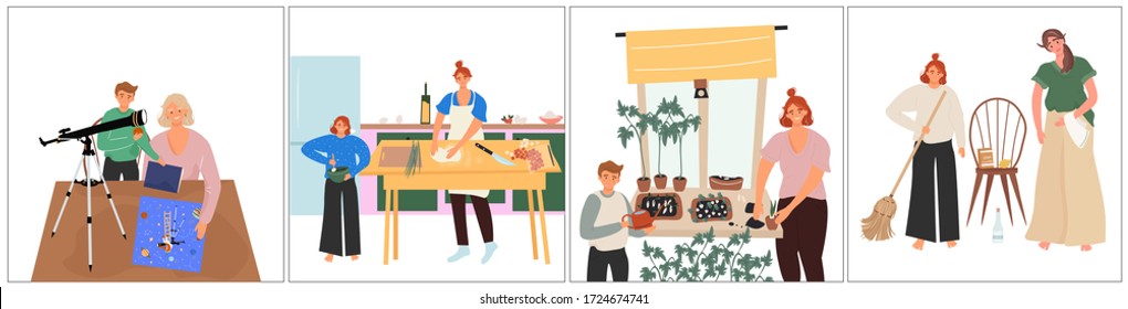 Happy mother's day. A set of nice vector flat illustrations with children who are make in daily activities with their mother: they cook, do homework, clean the house and take care of seedlings.