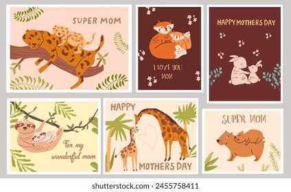 Happy mother's day, set of postcard designs. Cute wild animal families, postcards with quotes for moms. Funny parents of giraffe, leopard, sloth, fox, hare, rabbit, bunny, capybara , moms animals with