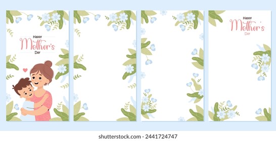 Afiches de Feliz Día de la Madre. Madre linda tiernamente abraza a su hijo sobre fondo blanco con flores azules y hojas. Banners florales festivos aislados verticales. Ilustración vectorial.