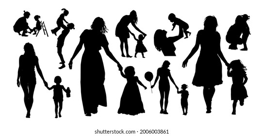 Happy Mother's Day. Set of silhouettes of mom with baby. Vector illustration