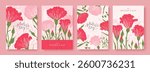 Happy Mother's Day. Set of spring postcards with hand drawn flowers. Red and pink carnations and beautiful handwritten inscription. Collection of templates 