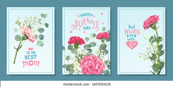 Happy Mother's Day. Set templates with blooming flowers of pink and red carnations, green leaves eucalyptus silver dollar and white gypsophila. Hand-drawn lettering for BEST MOM. Spring background