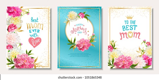 Happy Mother's Day. Set of three templates with pink peony flowers, hand-drawn lettering for BEST MOM, golden frame and and sequins. Template for greeting cards, invitations, posters, banners.