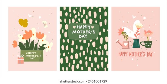 Happy Mother's Day. Set of three vector cute card illustrations of flowers, hearts, graphic elements and lettering with a wish for a greeting card, banner, poster or advertisement