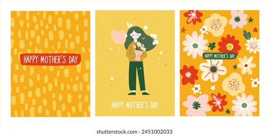 Happy Mother's Day. Set of three vector cute card illustrations of flowers, hearts, graphic elements and lettering with a wish for a greeting card, banner, poster or advertisement