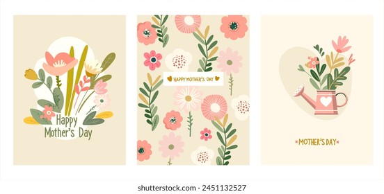 Happy Mother's Day. Set of three vector cute card illustrations of flowers, hearts, graphic elements and lettering with a wish for a greeting card, banner, poster or advertisement