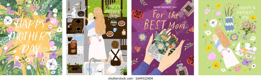 Happy Mother`s Day! Set of vector posters with flower template; woman and her children in kitchen; gift in hand for best mom and isolated objects. Drawings for a card, poster or postcard