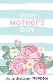 Happy mothers day. Shabby chic roses on light green blue linear background with text. Floral, cute card. Vector illustartion.