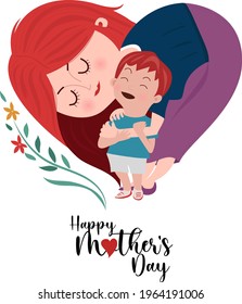 Happy Mother's Day shaped like a heart mother and son hugging each with typography saying happy mother day can be using  for mom greeting card digital and print