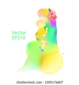 Happy mother's day. Side view of Happy mom with son silhouette plus abstract watercolor painted.Double exposure illustration. Digital art painting. Vector illustration.