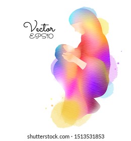 Happy mother's day. Side view of Happy Muslim mom with her baby  silhouette plus abstract watercolor painted. Muslim mama with her child. Double exposure illustration. Vector illustration.