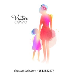 Happy mother's day. Side view of Happy mom with girl together silhouette plus abstract watercolor painted.Double exposure illustration. Digital art painting. Vector illustration.