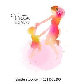 Happy mother's day. Side view of Happy mom with girl dancing together  silhouette plus abstract watercolor painted.Double exposure illustration. Digital art painting. Vector illustration.