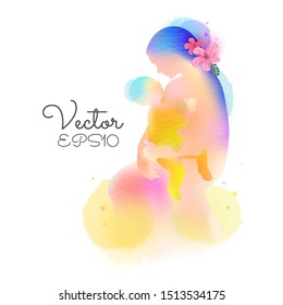 Happy mother's day. Side view of Happy mom with her baby child together silhouette plus abstract watercolor painted.Double exposure illustration. Digital art painting. Vector illustration.