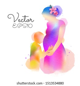 Happy mother's day. Side view of Happy pregnant mom with her boy together silhouette plus abstract watercolor painted.Double exposure illustration. Digital art painting. Vector illustration.