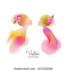 Happy mother's day. Side view of Happy mom with daughter  silhouette plus abstract watercolor painted.Happy  mother's day. Double exposure illustration. Digital art painting. Vector illustration