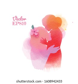 Happy mother's day. Side view of Happy mom with daughter silhouette plus abstract watercolor painted. Girl kissing her mom. Double exposure illustration. Digital art painting. Vector illustration