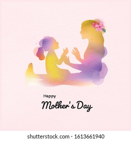 Happy mother's day. Side view of Happy mom with daughter  silhouette plus abstract watercolor painted.Happy  mother's day. Double exposure illustration. Digital art painting. Vector illustration