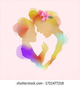 Happy mother's day. Side view of Happy mom with her child silhouette plus abstract watercolor painted. Happy mother's day. Double exposure illustration. Digital art painting. Vector illustration