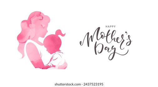 Happy Mother's Day. Silhouette of a mother holding her young daughter in her arms, watercolor texture. Poster, banner, invitation, postcard. Vector illustration with beautiful woman and child