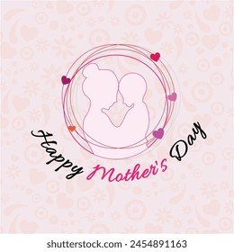Happy Mothers Day, silhouette of mother looking at her son with love against pink background. Multiple circular line frames, hearts. Pink circular typography of Happy Mother's day. Editable. EPS 10