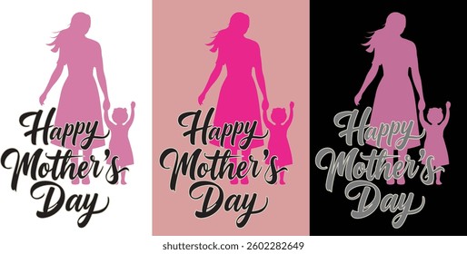 Happy Mother's Day Silhouette with Mother and Child in Pink, Black, and Peach - Celebration Design