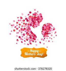 Happy Mother's Day! Silhouette Of A Mother And Her Child Of Pink Rose Petals