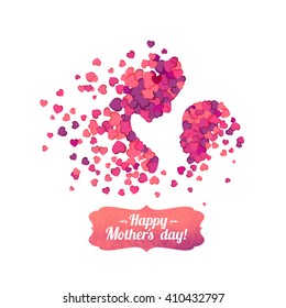 Happy Mother's Day! Silhouette of a mother and her child of pink hearts