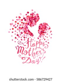 Happy Mother's Day! Silhouette of a mother and her child of pink rose petals