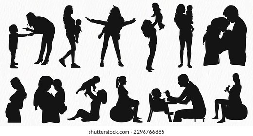 Happy Mothers' day. Silhouette of pregnant woman and women with child vector illustration 