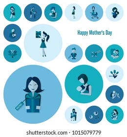 Happy Mothers Day Simple Flat Icons. Vector, Clean Work, Minimum Points