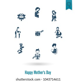 Happy Mothers Day Simple Flat Icons. Vector, Clean Work, Minimum Points