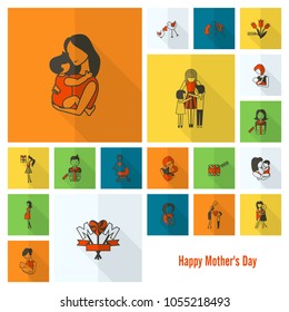 Happy Mothers Day Simple Flat Icons. Vector, Clean Work, Minimum Points