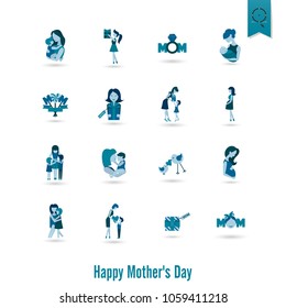 Happy Mothers Day Simple Flat Icons. Vector, Clean Work, Minimum Points