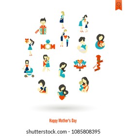 Happy Mothers Day Simple Flat Icons. Vector, Clean Work, Minimum Points