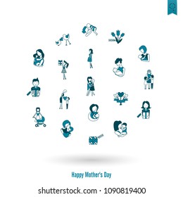 Happy Mothers Day Simple Flat Icons. Vector, Clean Work, Minimum Points