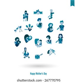 Happy Mothers Day Simple Flat Icons. Vector, Clean Work, Minimum Points