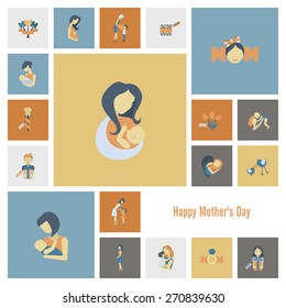 Happy Mothers Day Simple Flat Icons. Vector, Clean Work, Minimum Points